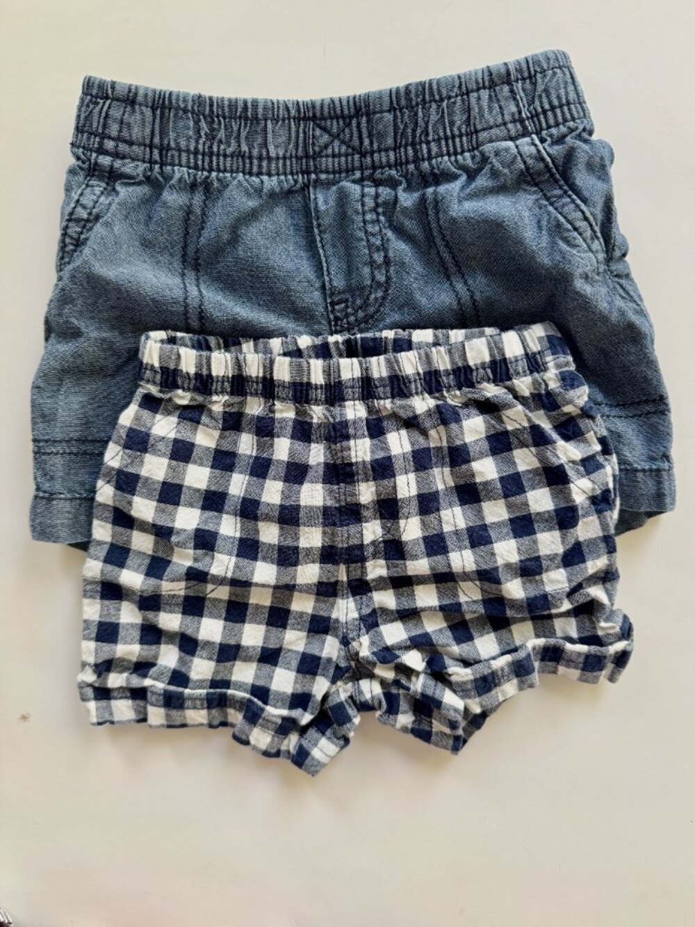 Carter's Baby 2pc Shorts Bundle Sz 9M Chambray & Navy Gingham Cotton EUC